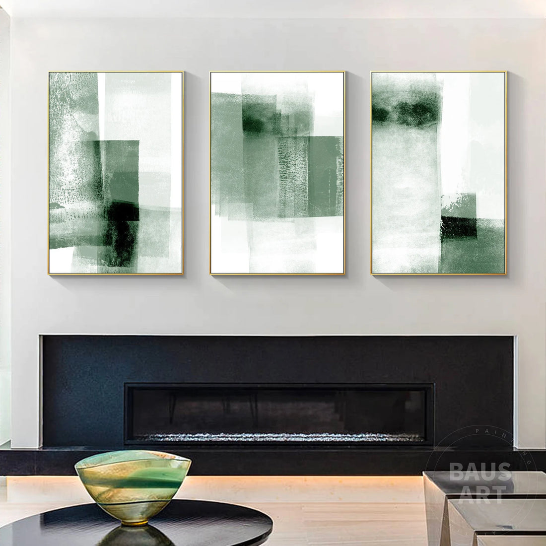 סט אבסטרקטי 3 תמונות - ירוק לבן