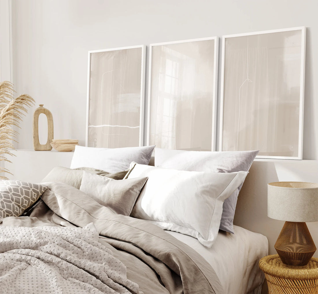 סט אבסטרקטי 3 תמונות - לבן בז'