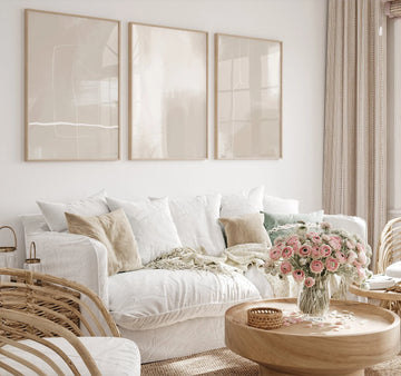 סט אבסטרקטי 3 תמונות - לבן בז'